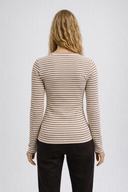 Kadın Maria Kontrast Detaylı Çizgili Kaşkorse Tişört - Vizon - Kemik Çizgili