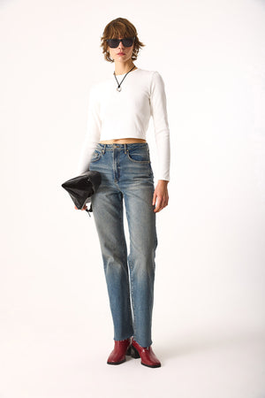 Kadın Maria Uzun Kollu Crop Tişört - Fildişi