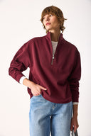 Kadın Marina Yarım Fermuarlı Sweatshirt %100 Pamuk - Bordo