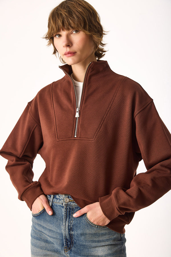 Marina Yarım Fermuarlı Pamuklu Sweatshirt-Kahverengi
