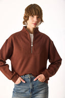 Kadın Marina Yarım Fermuarlı Sweatshirt %100 Pamuk - Kahverengi