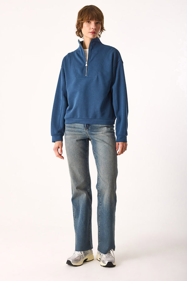 Marina Yarım Fermuarlı Pamuklu Sweatshirt-Navy