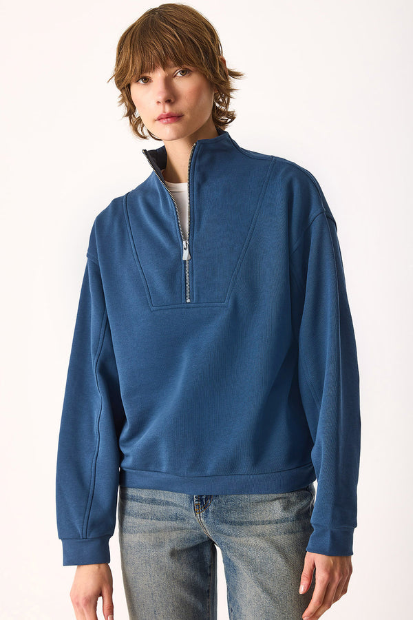 Marina Yarım Fermuarlı Pamuklu Sweatshirt-Navy