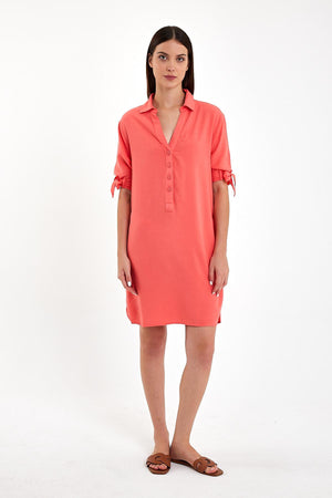 Kadın Marissa Önü Düğmeli Kısa Kollu Keten Elbise - Nar Çiçeği