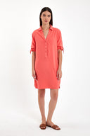 Kadın Marissa Önü Düğmeli Kısa Kollu Keten Elbise - Nar Çiçeği