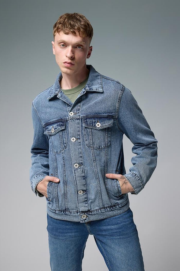 Erkek Mark Oversize Geniş Kesim Med Blue Jean Ceket %100 Pamuk - Med Blue