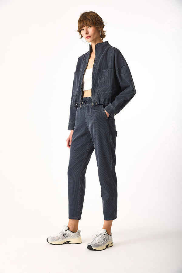 Marla İndigo Çizgili Yüksek Bel Slouchy Jogger Pantolon-INDIGO ÇİZGİLİ