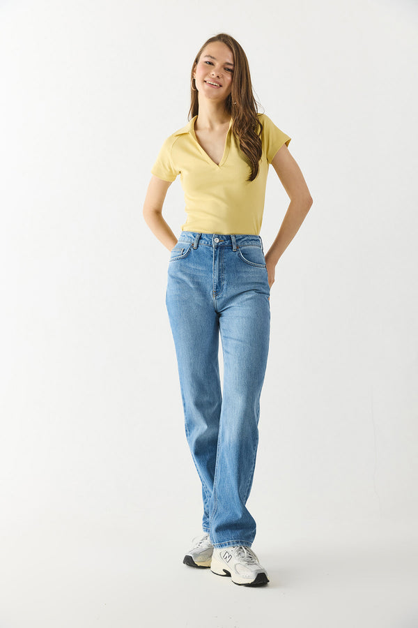 Marrakesh Dark Blue Yüksek Bel Straight Fit Jean Pantolon - DARK BLUE