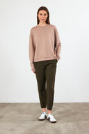 Kadın Mary Bisiklet Yaka Yumuşak Dokulu Basic Sweatshirt (CUPRO) - Vizon