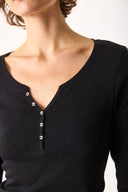 Kadın Matilda Düğme Detaylı Vücuda Oturan Uzun Kollu Tişört %100 Pamuk - Siyah