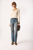 Kadın Matilda Düğme Detaylı Vücuda Oturan Uzun Kollu Tişört %100 Pamuk - Taş