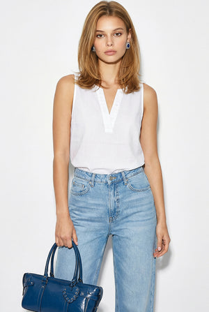 Matilda Yakası Düğme Detaylı Bluz(TENCEL)(TM)-Beyaz