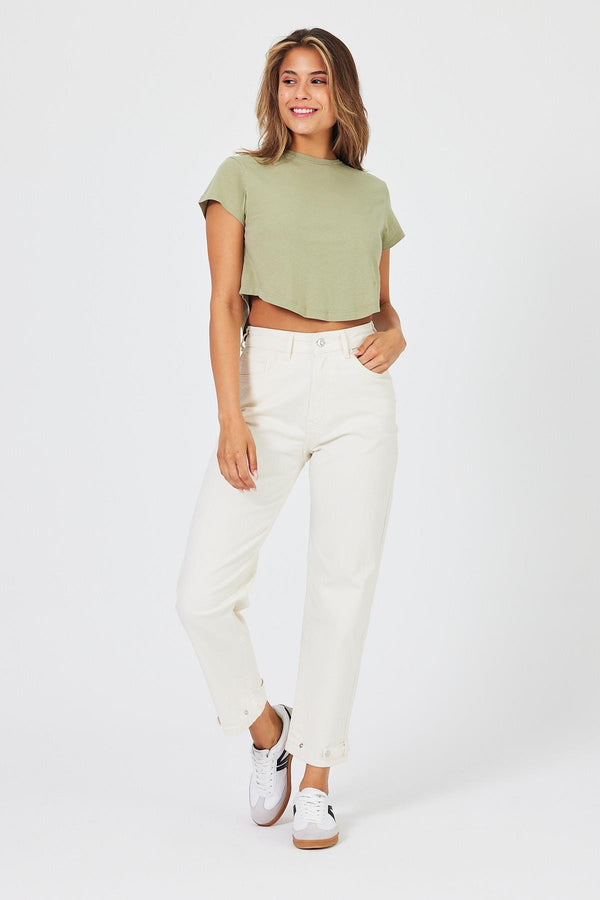 Kadın Milano Fildişi Paçası Kuşaklı Mom Fit Jean Pantolon