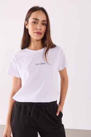 Kadın Mini Vena Logo Baskılı Regular Fit Tişört %100 Pamuk - Beyaz