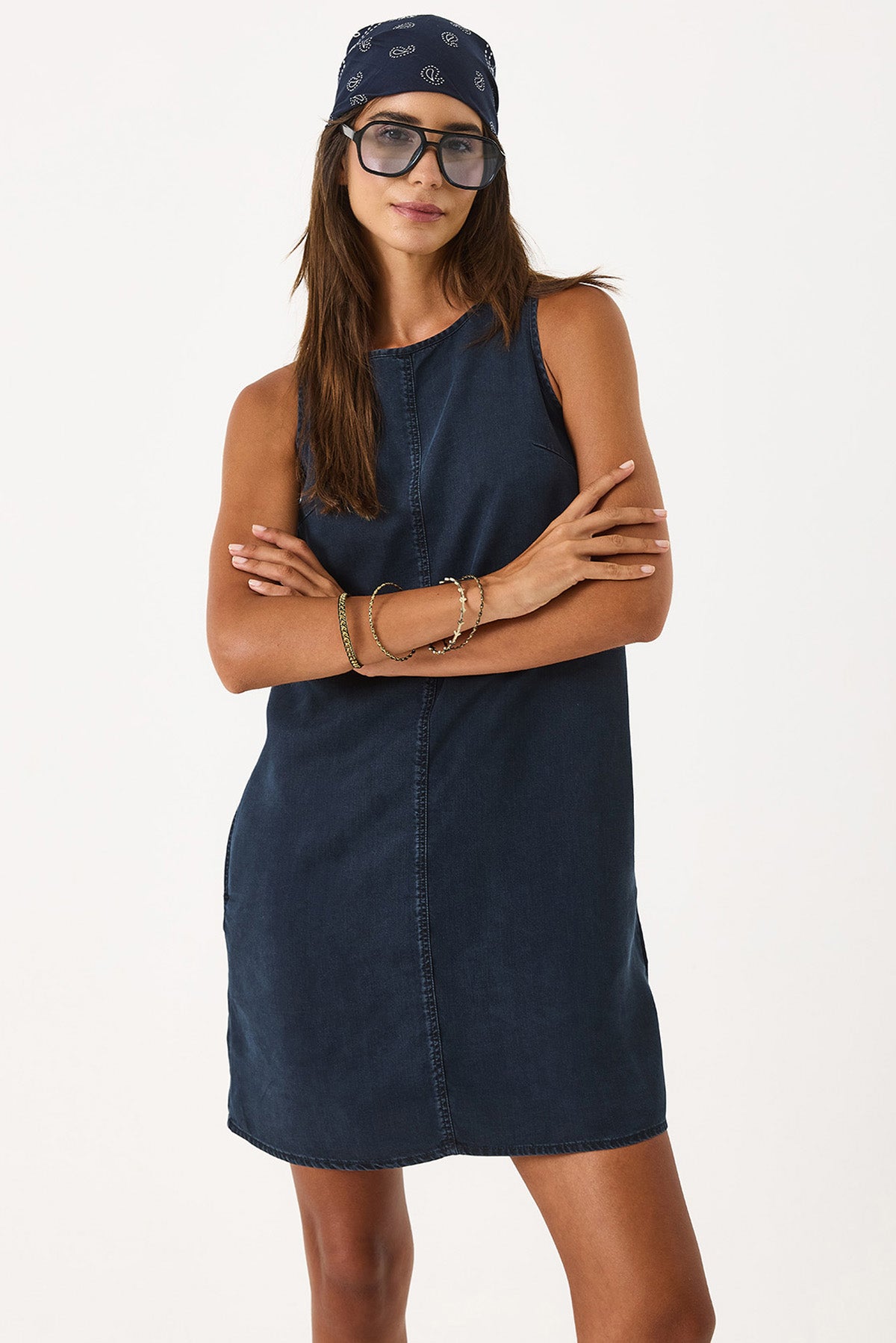 Kadın Miranda Blue Black Bisiklet Yaka Regular Fit Jean Elbise %100 Lyocell (Tencel™) - Blue Black