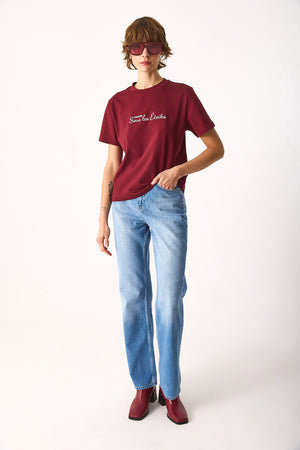 Kadın Nakışlı Sloganlı Tişört %100 Pamuk - Bordo