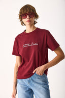 Kadın Nakışlı Sloganlı Tişört %100 Pamuk - Bordo