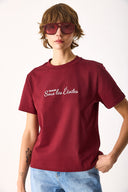 Kadın Nakışlı Sloganlı Tişört %100 Pamuk - Bordo