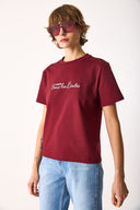 Kadın Nakışlı Sloganlı Tişört %100 Pamuk - Bordo