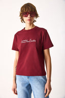 Kadın Nakışlı Sloganlı Tişört %100 Pamuk - Bordo