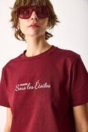 Kadın Nakışlı Sloganlı Tişört %100 Pamuk - Bordo