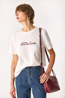 Kadın Nakışlı Sloganlı Tişört %100 Pamuk - Fildişi