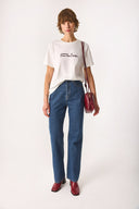 Kadın Nakışlı Sloganlı Tişört %100 Pamuk - Fildişi