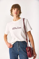 Kadın Nakışlı Sloganlı Tişört %100 Pamuk - Fildişi