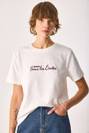 Kadın Nakışlı Sloganlı Tişört %100 Pamuk - Fildişi