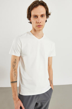 Erkek Nick V Yaka Slim Fit Basic Tişört - Beyaz
