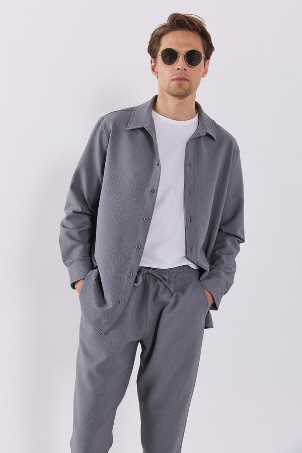 Nicolas Regular Fit Gofre Gömlek - GRİ