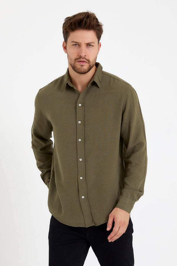 Nicolas Regular Fit Keten Gömlek - HAKİ