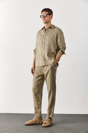 Erkek Nicolas Regular Fit Gömlek %100 Keten - Haki
