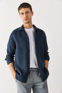 Erkek Nicolas Regular Fit Gömlek %100 Keten - Lacivert