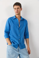 Erkek Nicolas Regular Fit Gömlek %100 Keten - Mavi