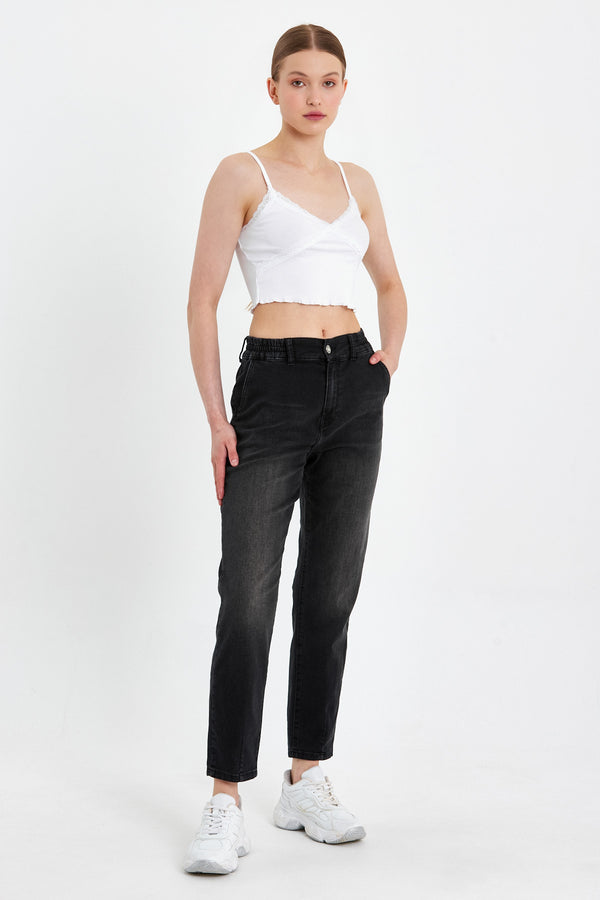 Norah Black Beli Lastikli Jean Pantolon(TENCEL)(TM) - BLACK