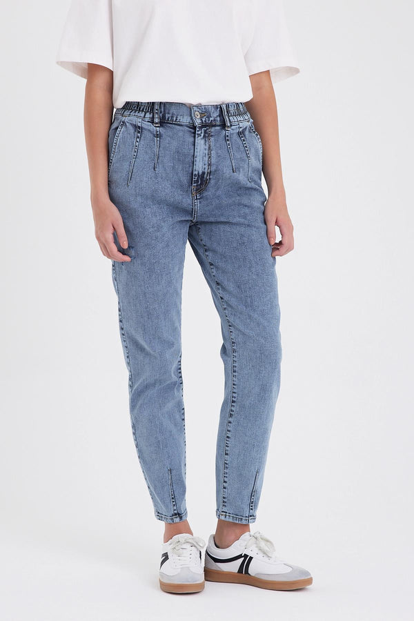 Kadın Norah Med Blue Beli Lastikli Yıpratmalı Jean Pantolon