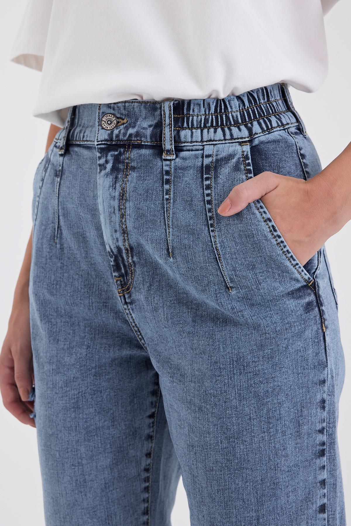 Kadın Norah Med Blue Beli Lastikli Yıpratmalı Jean Pantolon - Med