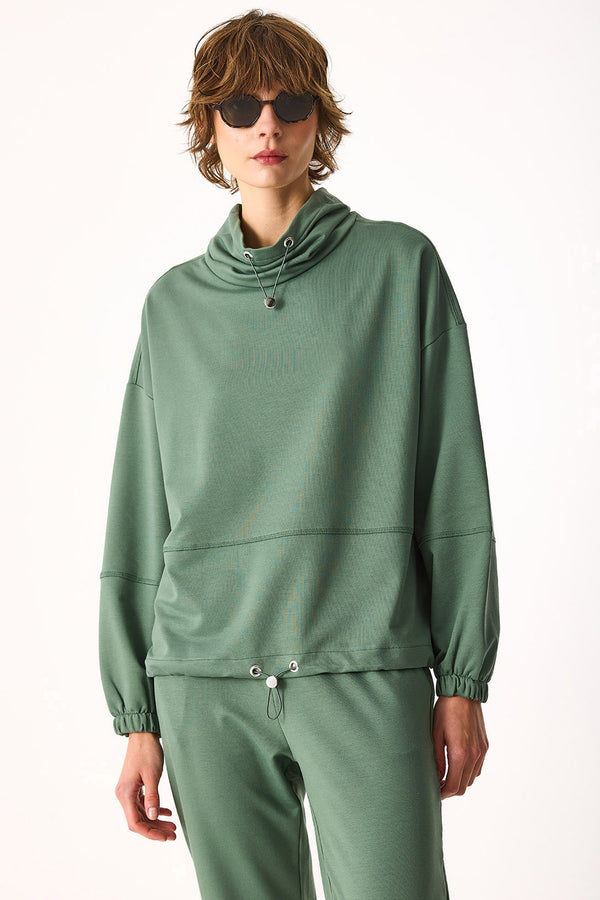 Norah Yakası Detaylı Regular Fit Sweatshirt-GÖL YEŞİLİ