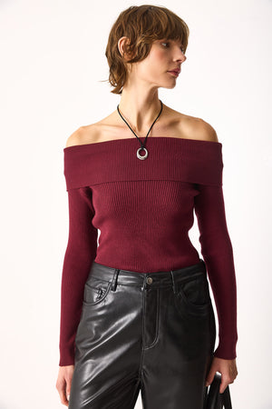 Kadın Omzu Açık Detaylı Triko - Bordo