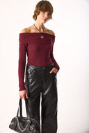 Kadın Omzu Açık Detaylı Triko - Bordo