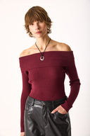 Kadın Omzu Açık Detaylı Triko - Bordo