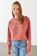 Kadın Omzu Düğme Detaylı Nakışlı Sweatshirt - Gülkurusu