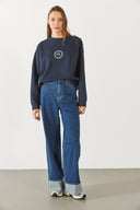 Kadın Omzu Düğme Detaylı Nakışlı Sweatshirt - Navy