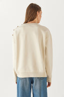 Kadın Omzu Düğme Detaylı Nakışlı Sweatshirt - Ekru