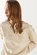 Kadın Omzu Düğme Detaylı Nakışlı Sweatshirt - Ekru