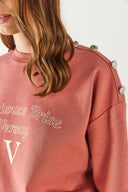 Kadın Omzu Düğme Detaylı Nakışlı Sweatshirt - Gülkurusu