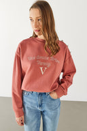 Kadın Omzu Düğme Detaylı Nakışlı Sweatshirt - Gülkurusu