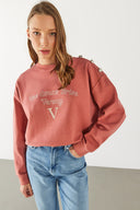 Kadın Omzu Düğme Detaylı Nakışlı Sweatshirt - Gülkurusu