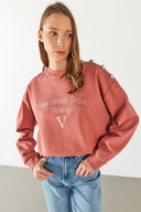 Kadın Omzu Düğme Detaylı Nakışlı Sweatshirt - Gülkurusu